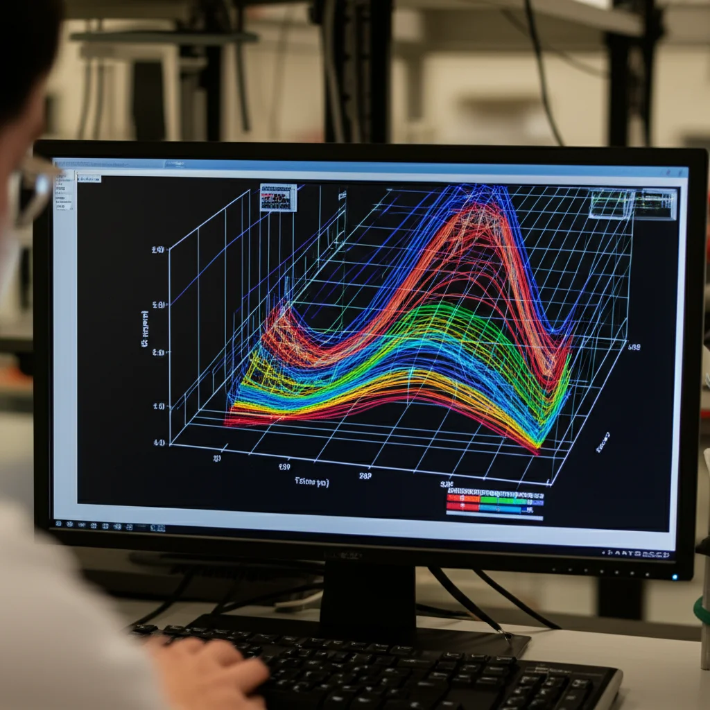 Grafico scientifico astratto che mostra le curve di recupero della forma della valvola 4D nel tempo per diverse condizioni di stampa, visualizzato su uno schermo digitale in un laboratorio. Obiettivo 35mm, luce ambientale dello schermo, profondità di campo ridotta per focalizzare sui dati.