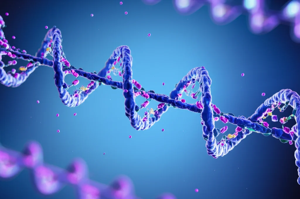 Visualizzazione astratta dell'interazione tra molecole di RNA LINC00534 (lunga catena) e miR-139-5p (piccole molecole), concetto di 'spugna molecolare', colori blu e viola duotone, profondità di campo, stile scientifico ma artistico, lente prime 35mm.