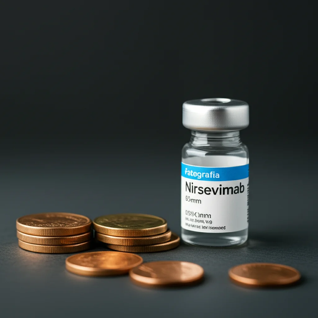 Fotografia macro di un flaconcino di Nirsevimab accanto a delle monete Euro, obiettivo macro 80mm, alta definizione, illuminazione da studio controllata, per simboleggiare l'analisi dei costi del farmaco.