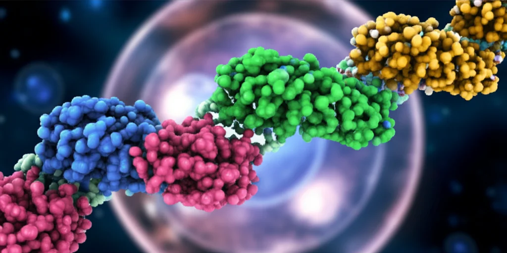 Illustrazione 3D della proteina HMGB2 che interagisce con il doppio filamento di DNA all'interno del nucleo cellulare, focus nitido sulla proteina, sfondo sfocato rappresentante l'ambiente nucleare, illuminazione drammatica, alta definizione, lente macro 60mm.
