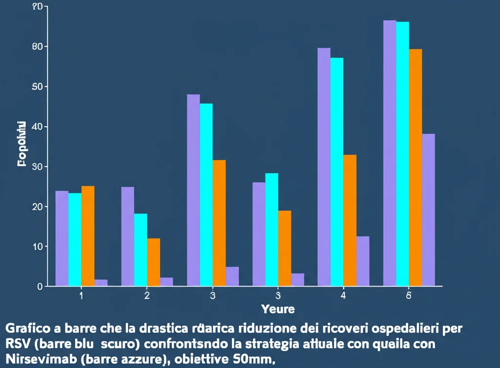 Grafico a barre che mostra la drastica riduzione dei ricoveri ospedalieri per RSV (barre blu scuro) confrontando la strategia attuale con quella con Nirsevimab (barre azzurre), obiettivo 50mm, sfondo neutro, alta leggibilità.