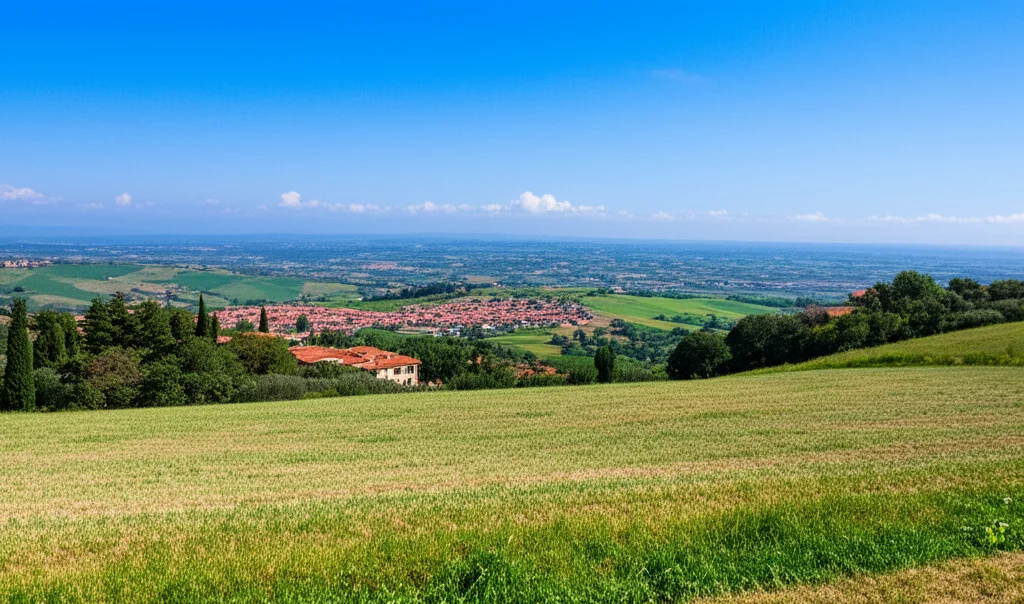 Fotografia grandangolare di un paesaggio italiano sereno con un cielo azzurro limpido, obiettivo 15mm, messa a fuoco nitida, a simboleggiare un futuro più sano e protetto per i bambini grazie alla prevenzione RSV.
