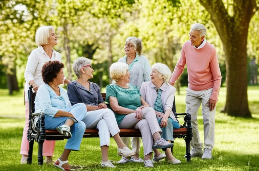 Fotografia ritratto di un gruppo diversificato di anziani attivi e sorridenti che socializzano all'aperto in un parco, alcuni passeggiano, altri chiacchierano seduti su una panchina. Obiettivo prime 35mm, luce naturale morbida, profondità di campo per sfocare leggermente lo sfondo, colori vivaci ma realistici.
