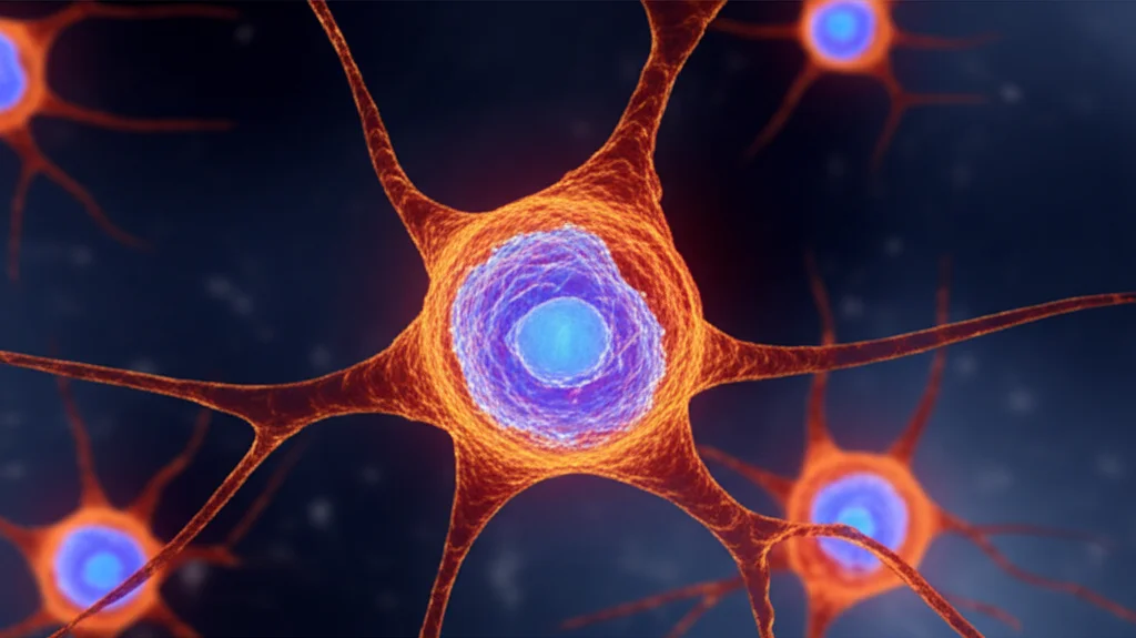 Visualizzazione 3D di cellule di neuroblastoma con recettori PVR e PVRL2 evidenziati sulla superficie cellulare, stile rendering medico scientifico, alta definizione, sfondo neutro, illuminazione diffusa.