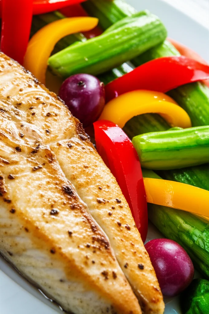 Fotografia macro di un piatto colorato e salutare con verdure fresche, frutta e pesce alla griglia. Obiettivo macro 100mm, alta definizione, messa a fuoco precisa sugli ingredienti, illuminazione controllata da studio che esalta i colori e le texture.