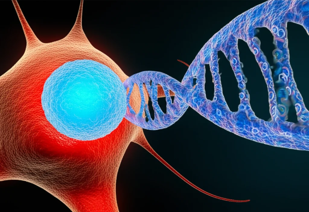 Illustrazione fotorealistica di una cellula NK-92 modificata con CRISPR/Cas9, mostrando le 'forbici' molecolari che agiscono sul DNA all'interno del nucleo cellulare. Obiettivo macro 100mm, alta definizione, illuminazione da laboratorio.