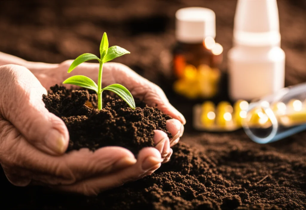 Immagine simbolica: una mano anziana che tiene delicatamente una piantina che cresce da un terreno fertile, con sullo sfondo sfocato una provetta da laboratorio e un flacone di pillole. Obiettivo 50mm, profondità di campo ridotta, luce calda e simbolica, colori tenui.