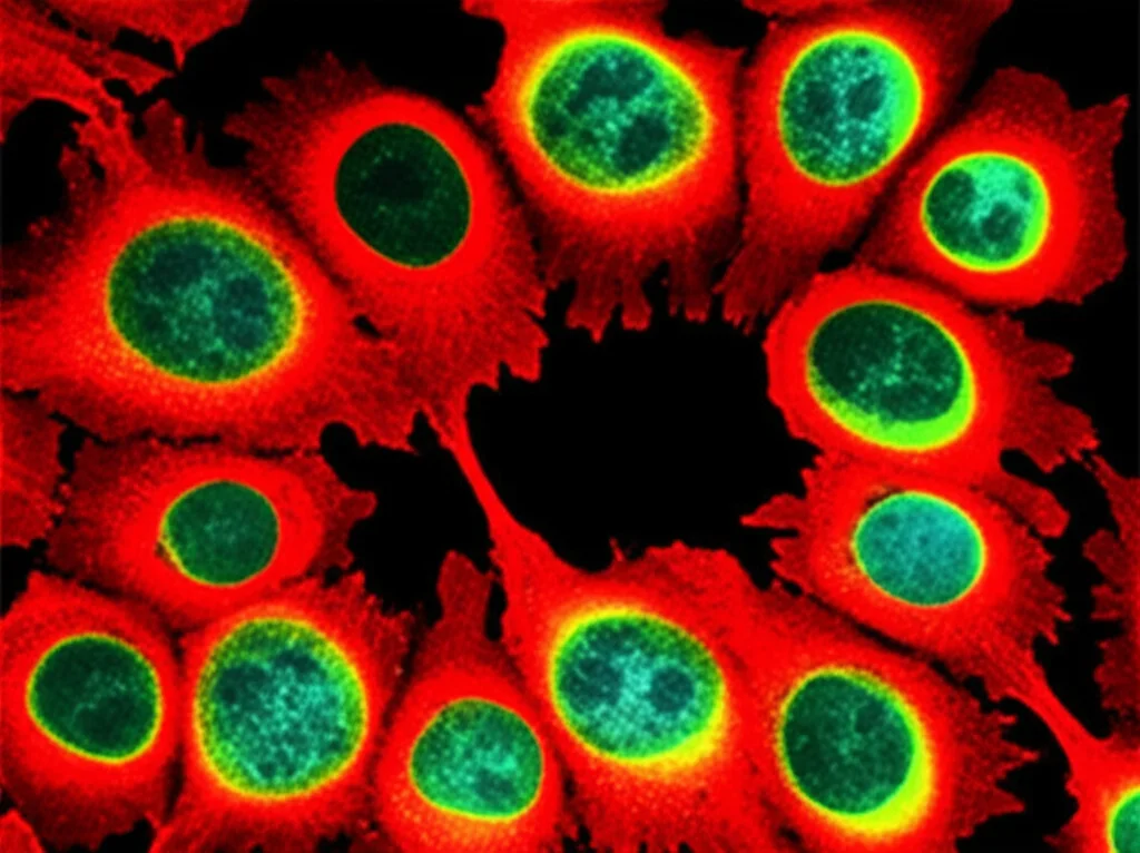 Microfotografia a fluorescenza di cellule GD2-CAR NK-92 (verdi) che circondano e attaccano cellule di neuroblastoma (rosse), campo visivo ampio, alta risoluzione, colori vividi, azione dinamica.