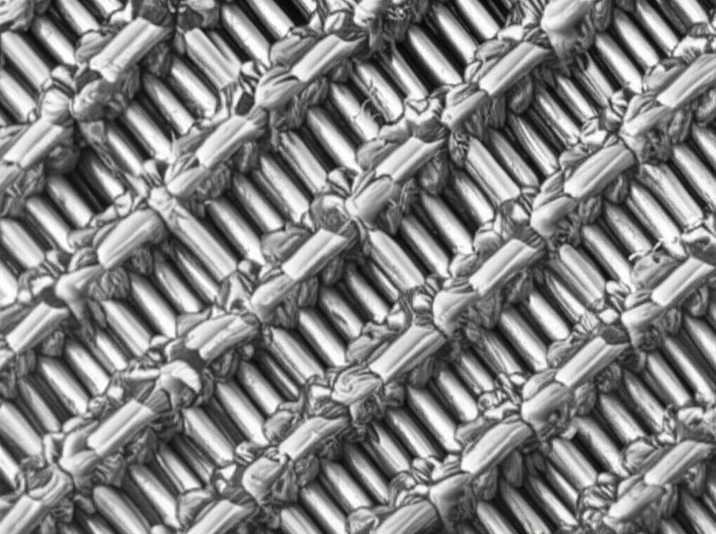Immagine fotorealistica al macro lens, 100mm, di una struttura reticolare metallica su scala atomica con evidenti imperfezioni come dislocazioni e bordi di grano, illuminazione controllata che enfatizza i dettagli atomici e la complessità dei difetti.