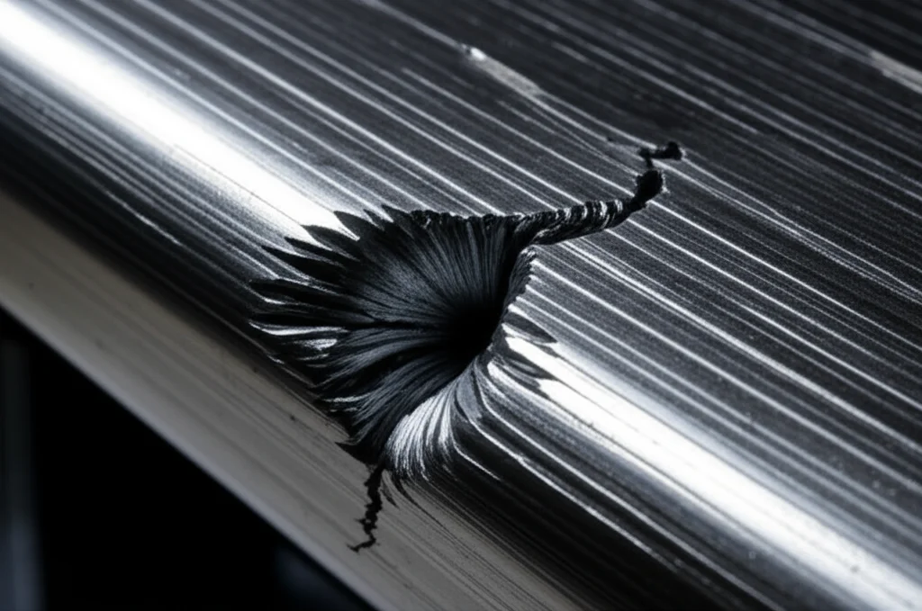 Scatto d'azione fotorealistico con teleobiettivo zoom, 200mm, che cattura il momento della propagazione di una cricca in un materiale metallico durante un test di trazione simulato. Alta velocità dell'otturatore, tracciamento del movimento focalizzato sulla zona di frattura.