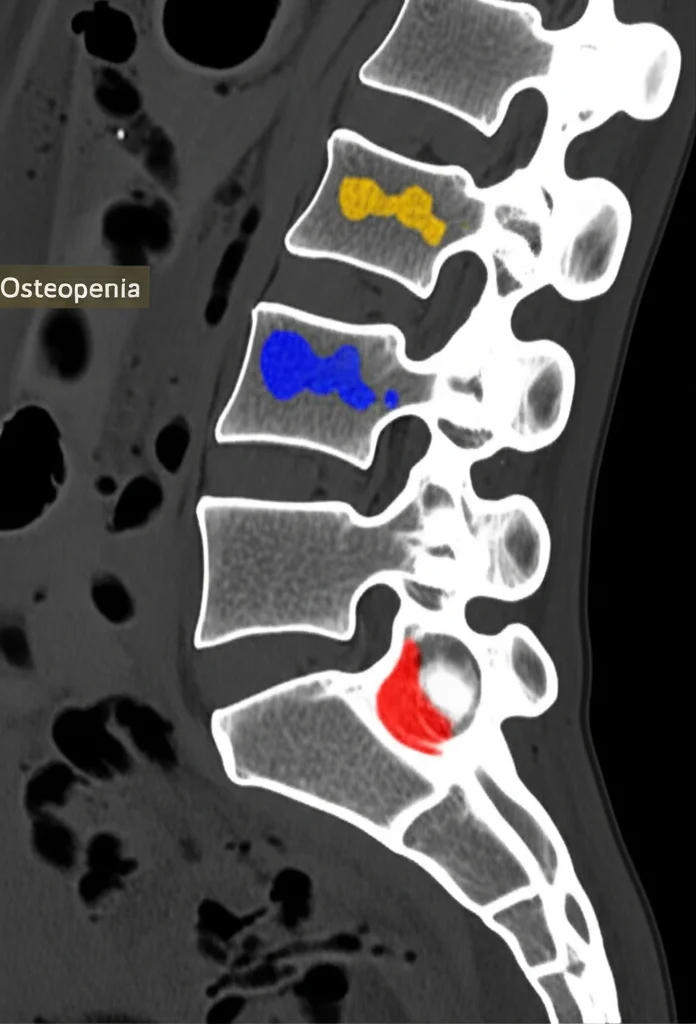 Immagine medica realistica di una scansione QCT della colonna lombare che mostra diverse densità ossee, con aree colorate per indicare osteopenia o osteoporosi, alta definizione, contesto clinico, obiettivo 50mm.