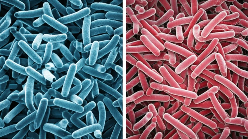Visualizzazione astratta ma fotorealistica di due diversi ecosistemi microbici intestinali affiancati, uno dominato da Bacteroides (toni più scuri/turbolenti) e uno da Prevotella (toni più chiari/equilibrati), obiettivo 35mm, profondità di campo, simboleggiando i due enterotipi.