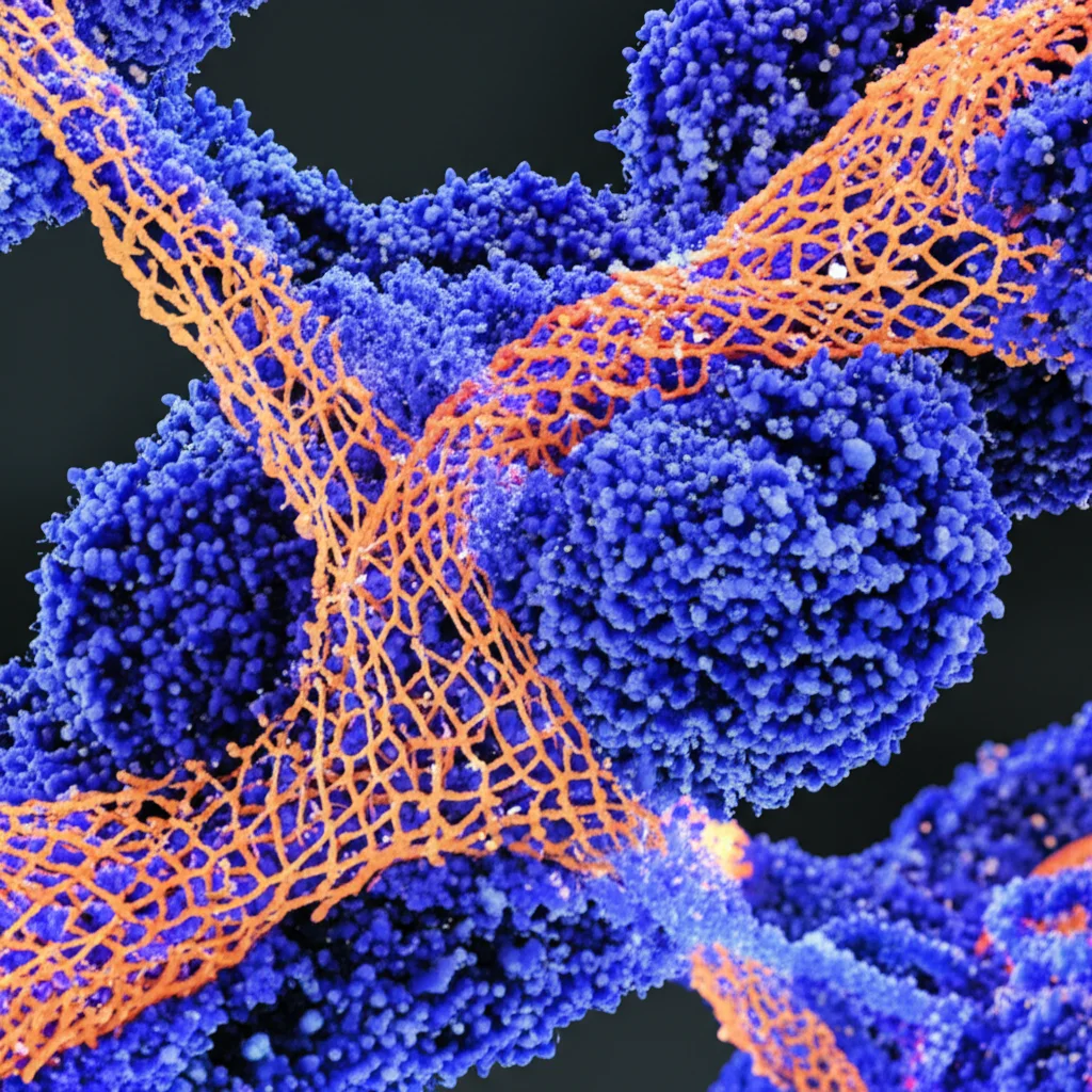 Primo piano macro fotorealistico di filamenti di DNA aggrovigliati all'interno di una regione sferica trasparente che rappresenta un TAD. Enhancer (punti luminosi gialli) e promotori (punti luminosi blu) sono collegati da linee sottili luminose, formando una rete complessa e intrecciata. Obiettivo macro 100mm, alta definizione, sfondo scuro astratto.