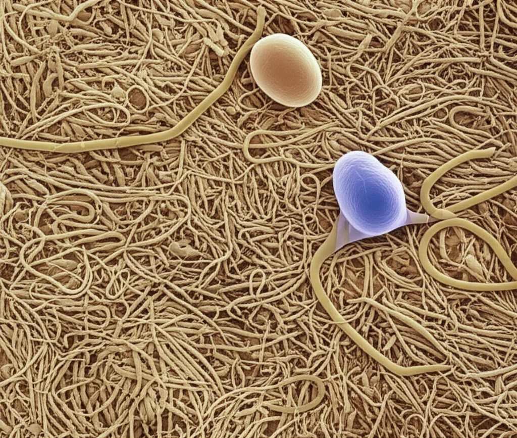 Micrografia elettronica a scansione simulata e colorata artisticamente che mostra diversi tipi di cellule animali antiche (simili a spugne, meduse, vermi primitivi) con dettagli morfologici distinti, suggerendo la loro diversificazione precoce. Alta definizione, illuminazione da laboratorio, colori tenui.