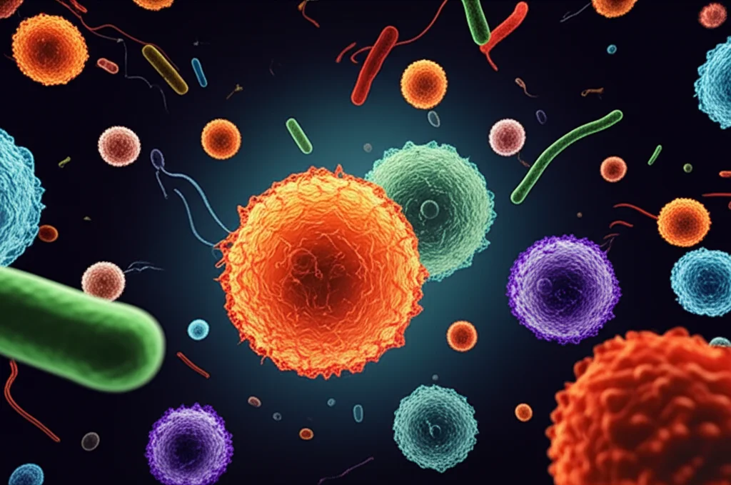 Visualizzazione grafica astratta del microbioma dell'orecchio medio, con diverse specie batteriche colorate rappresentate come sfere fluttuanti. Sfondo scuro, illuminazione suggestiva, stile high-tech.