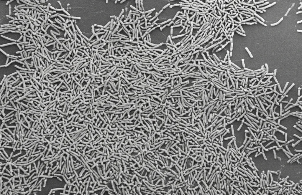 Micrografia elettronica a scansione di batteri Bacillus cereus che formano un biofilm su una superficie. Immagine in bianco e nero, alto dettaglio, stile scientifico, obiettivo macro.