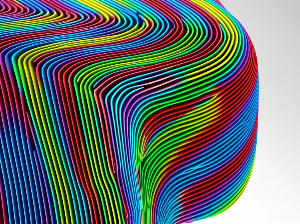 Visualizzazione 3D generata al computer che mostra il flusso di gas colorato all'interno dei canali curvi del catodo di una cella a combustibile PEM. Obiettivo macro 85mm, illuminazione controllata per evidenziare i dettagli della turbolenza, alta definizione.
