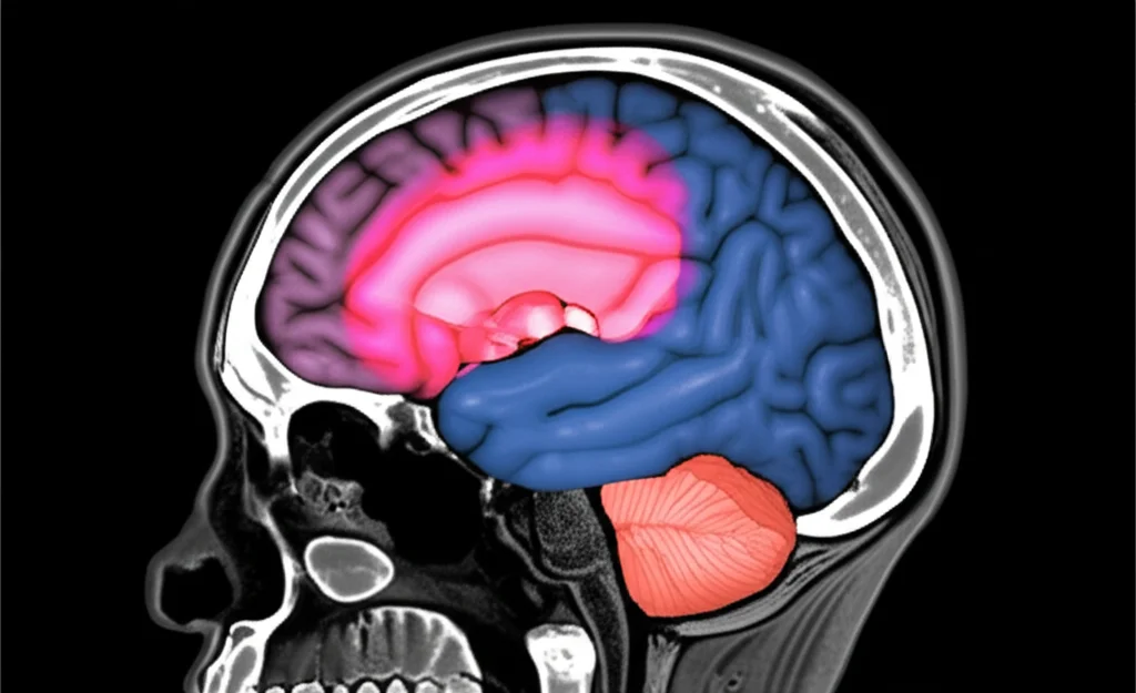 Visualizzazione 3D di un macroadenoma ipofisario basata su MRI, con evidenziazione della zona periferica (rosso) e centrale (blu). Stile grafico medico, alta risoluzione, che illustra la vicinanza della periferia a strutture critiche come i seni cavernosi.