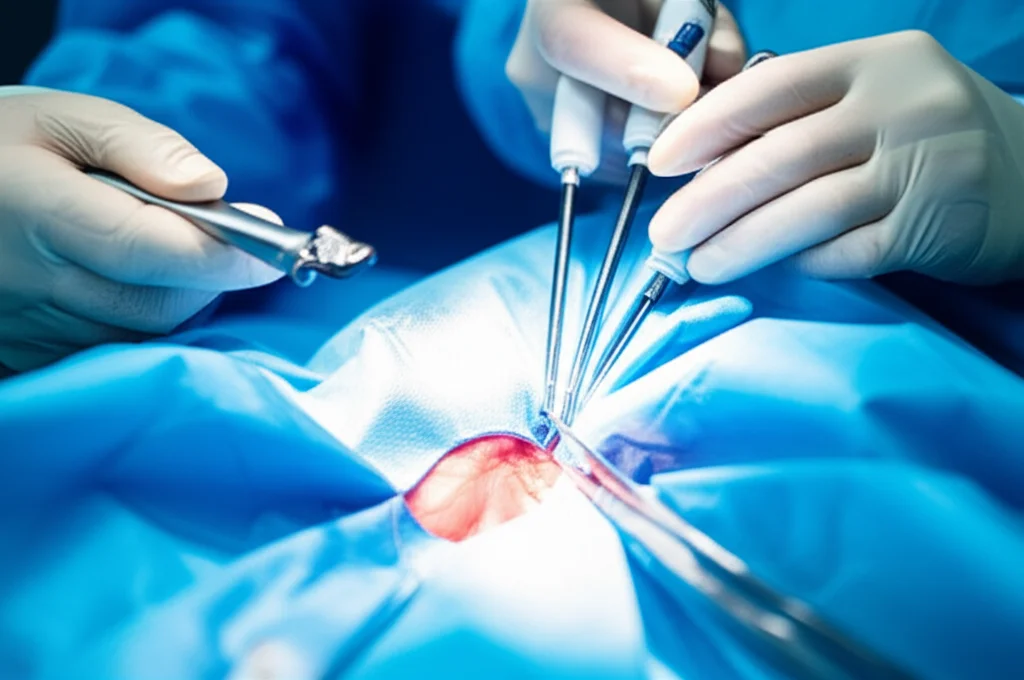 Primo piano di un chirurgo che esegue una chirurgia transsfenoidale endoscopica. Luce chirurgica intensa, strumenti endoscopici visibili, focus sull'area operatoria all'interno della cavità nasale. Telephoto zoom, 150mm, fast shutter speed per catturare l'azione.