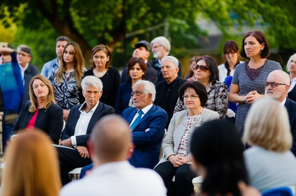 Un gruppo diversificato di cittadini che ascolta attentamente un funzionario della sanità pubblica durante una conferenza stampa all'aperto, espressioni fiduciose, obiettivo 50mm, luce naturale, profondità di campo che sfoca leggermente lo sfondo.