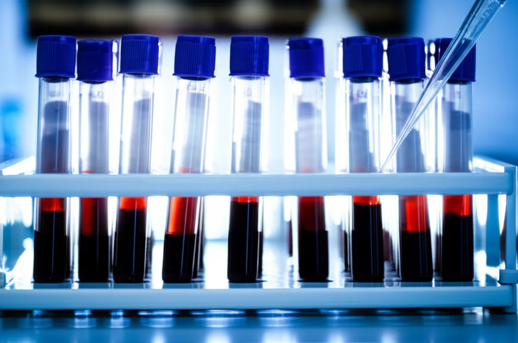 Immagine fotorealistica, impostazione di laboratorio, rastrello per provette con campioni di siero di sangue sotto illuminazione morbida e controllata, una pipetta nelle vicinanze che suggerisce analisi, messa a fuoco precisa, lenti macro da 60 mm.