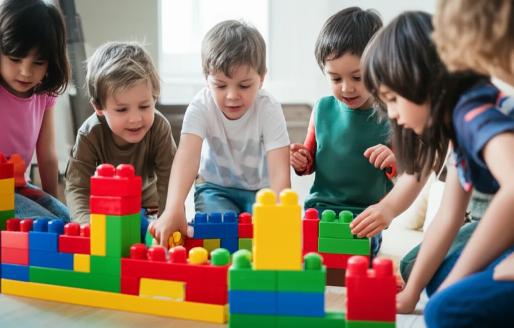 Fotografia di ritratto, diversi gruppi di bambini in età prescolare (di età 3-5) impegnati in giochi collaborativi all'interno con blocchi colorati, luce morbida naturale naturale, profondità di campo poco profonda che si concentra sulla loro interazione, lente Prime da 35 mm.