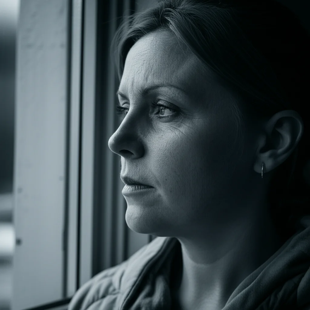Ritratto fotografico di una madre di 35 anni, stanca ma amorevole, che guarda fuori dalla finestra in una giornata nuvolosa. Obiettivo 35mm, profondità di campo ridotta, toni bicromatici blu e grigio per accentuare la malinconia e la riflessione.