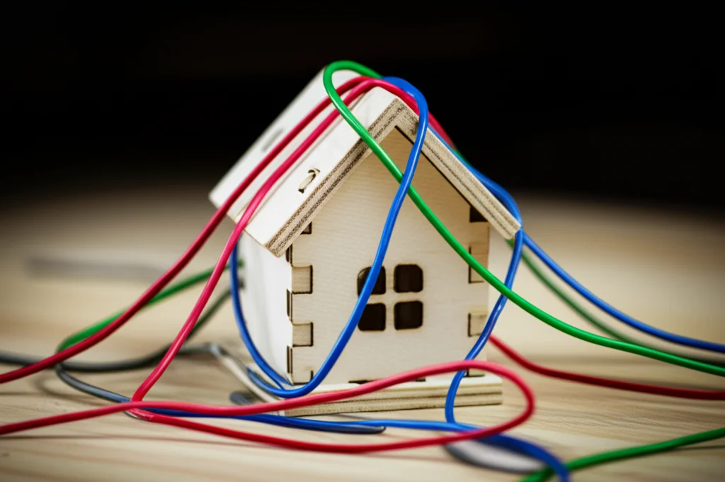 Immagine concettuale: un groviglio di fili colorati (rosso per inflazione, grigio per divisione sociale, blu per guerra, verde per clima) che stringono una piccola casa giocattolo. Obiettivo macro 100mm, alta definizione, illuminazione controllata per evidenziare la tensione.