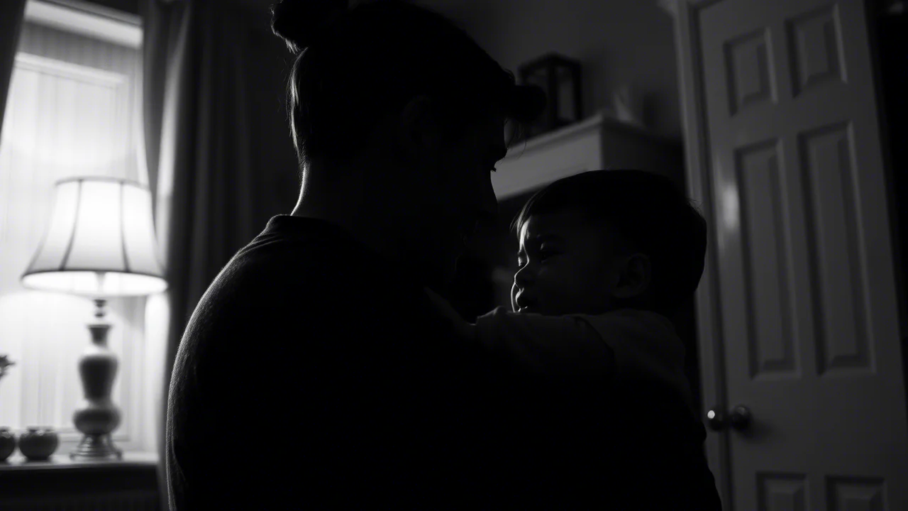 Fotografia in bianco e nero, stile film noir, di un genitore che cerca di consolare un bambino piccolo che piange in una stanza poco illuminata. Obiettivo 50mm, profondità di campo che isola la coppia, mettendo in risalto l'emozione e la difficoltà del momento.
