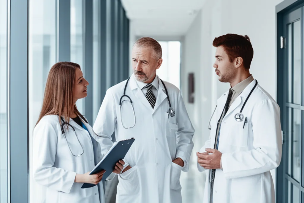 Fotografia di ritratto, tre medici di diverse età (un uomo anziano, una donna di mezza età, un giovane uomo) in camice bianco che discutono amichevolmente in un corridoio moderno di ospedale. Obiettivo 35mm, profondità di campo, luce naturale soffusa dalle finestre.