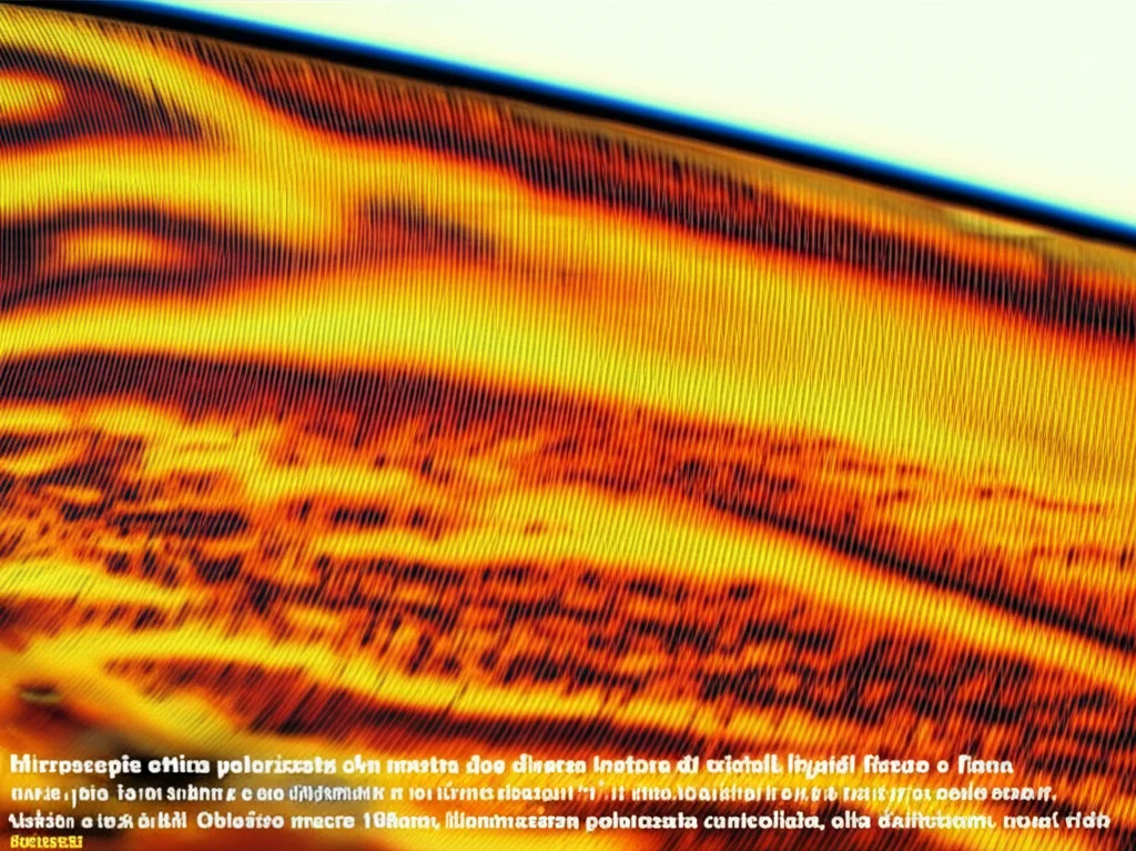 Microscopia ottica polarizzata che mostra due diverse texture di cristalli liquidi fianco a fianco. A sinistra, la fase nematica con la sua caratteristica texture 'schlieren' (filamenti scuri su sfondo colorato). A destra, la fase smetica A con la sua texture a 'ventaglio conico' (domini a forma di ventaglio). Obiettivo macro 100mm, illuminazione polarizzata controllata, alta definizione, colori vividi.