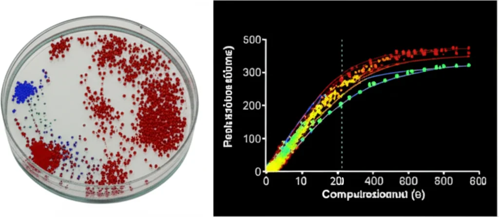 Visualizzazione astratta di dati di trascrittomica spaziale su un vetrino digitale, con punti colorati che rappresentano cellule o bead, sovrapposti a un grafico computazionale che mostra connessioni e binning. Illuminazione controllata, dettagli elevati, lente macro 60mm.