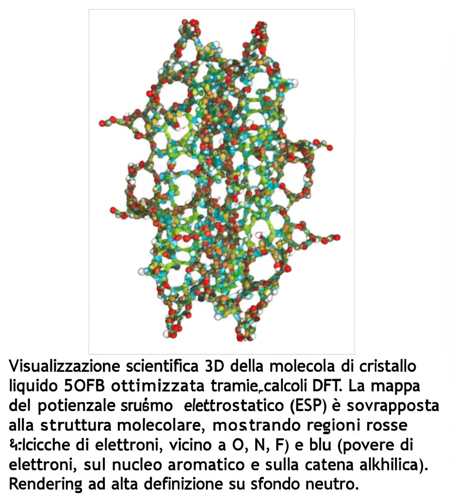 Visualizzazione scientifica 3D della molecola di cristallo liquido 5OFB ottimizzata tramite calcoli DFT. La mappa del potenziale elettrostatico (ESP) è sovrapposta alla struttura molecolare, mostrando regioni rosse (ricche di elettroni, vicino a O, N, F) e blu (povere di elettroni, sul nucleo aromatico e sulla catena alchilica). Rendering ad alta definizione su sfondo neutro.