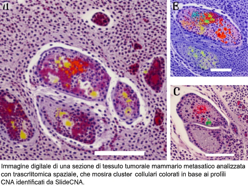 Immagine digitale di una sezione di tessuto tumorale mammario metastatico analizzata con trascrittomica spaziale, che mostra cluster cellulari colorati in base ai profili CNA identificati da SlideCNA. Dettagli elevati, illuminazione da laboratorio controllata, lente macro 100mm.