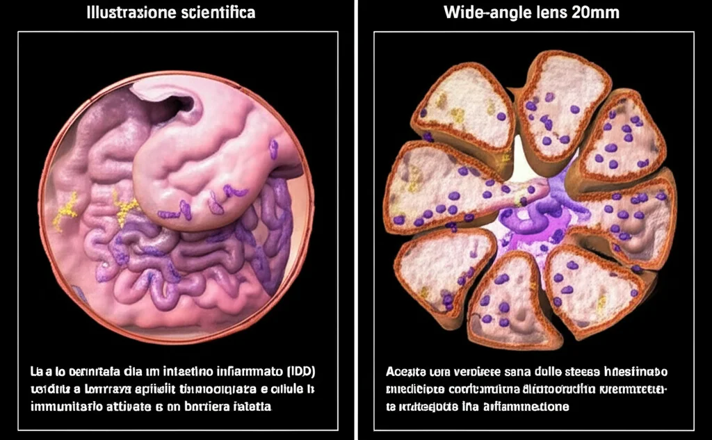 Illustrazione scientifica che mostra la sezione trasversale di un intestino infiammato (IBD) con la barriera epiteliale danneggiata e cellule immunitarie attivate. Accanto, una versione sana dello stesso intestino con barriera intatta. Wide-angle lens, 20mm, focus nitido su entrambe le sezioni per confronto, illuminazione drammatica per evidenziare l'infiammazione.