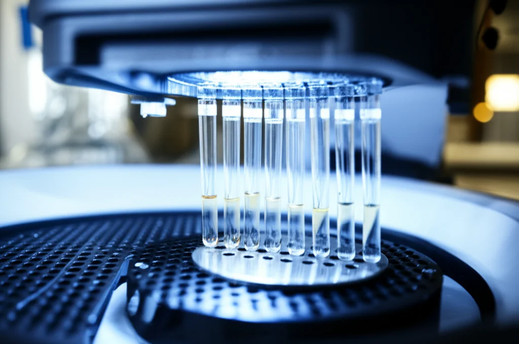 Primo piano in un laboratorio scientifico di cuvette contenenti campioni di DNA inserite in uno spettropolarimetro per dicroismo circolare (CD). Obiettivo macro 60mm, messa a fuoco precisa sulle cuvette illuminate da una luce interna dello strumento, sfondo sfocato con altre attrezzature da laboratorio, alta definizione, illuminazione controllata.