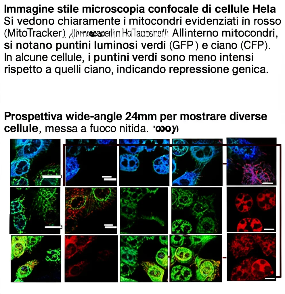Immagine stile microscopia confocale di cellule HeLa. Si vedono chiaramente i mitocondri evidenziati in rosso (MitoTracker). All'interno dei mitocondri, si notano puntini luminosi verdi (GFP) e ciano (CFP). In alcune cellule, i puntini verdi sono meno intensi rispetto a quelli ciano, indicando repressione genica. Prospettiva wide-angle 24mm per mostrare diverse cellule, messa a fuoco nitida, visualizzazione scientifica.