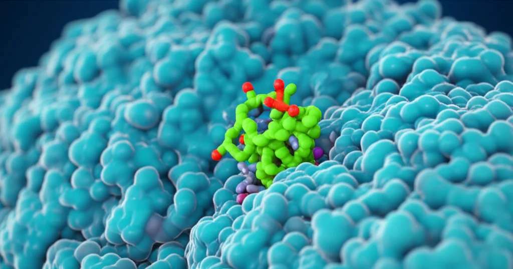 Visualizzazione 3D astratta di un processo di docking molecolare: diverse molecole (composti bioattivi) che tentano di legarsi al sito attivo di una proteina target. Prime lens, 35mm, profondità di campo ridotta per focalizzare su una molecola che si lega con successo, colori duotone (es. blu e verde) per un look scientifico moderno.