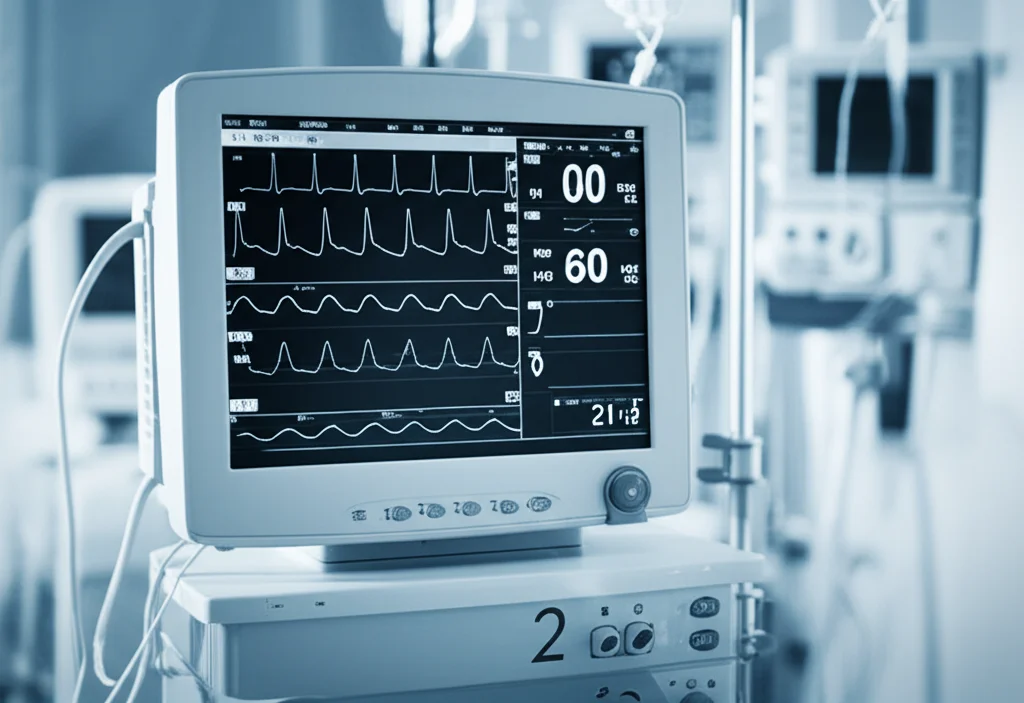 Fotografia di un monitor di terapia intensiva che mostra parametri vitali come frequenza cardiaca e saturazione di ossigeno, luce soffusa tipica dell'ambiente ICU, focus selettivo sul display, obiettivo 35mm, atmosfera tesa ma professionale, toni blu e grigi duotone.
