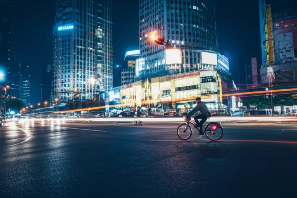 Un rider in bicicletta elettrica sfreccia nel traffico caotico di una metropoli cinese di notte, le luci al neon si riflettono sull'asfalto bagnato. Fotografia di reportage urbano, obiettivo zoom 35mm, profondità di campo ridotta per isolare il rider, atmosfera leggermente cupa.