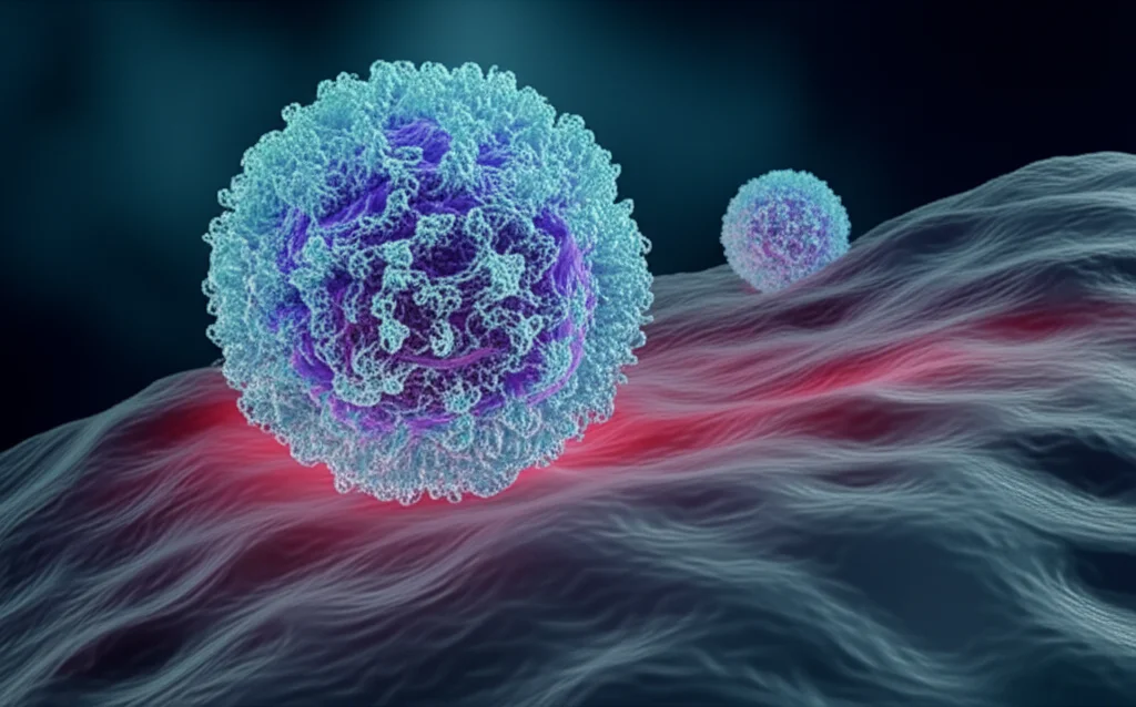 Immagine macro ad alta definizione di una rappresentazione stilizzata del Cytomegalovirus (CMV) su uno sfondo scuro che simboleggia il tessuto polmonare, obiettivo macro 100mm, alta definizione dei dettagli virali, illuminazione controllata da laboratorio per enfatizzare la struttura.