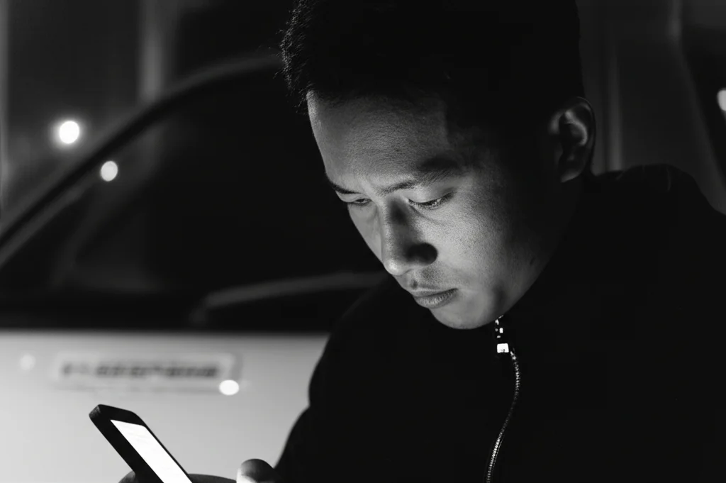 Primo piano del volto stanco e preoccupato di un rider asiatico, illuminato dalla luce fredda dello schermo del suo smartphone mentre controlla un ordine. Fotografia ritratto, obiettivo 50mm, bianco e nero, leggero effetto film noir per accentuare l'emozione.