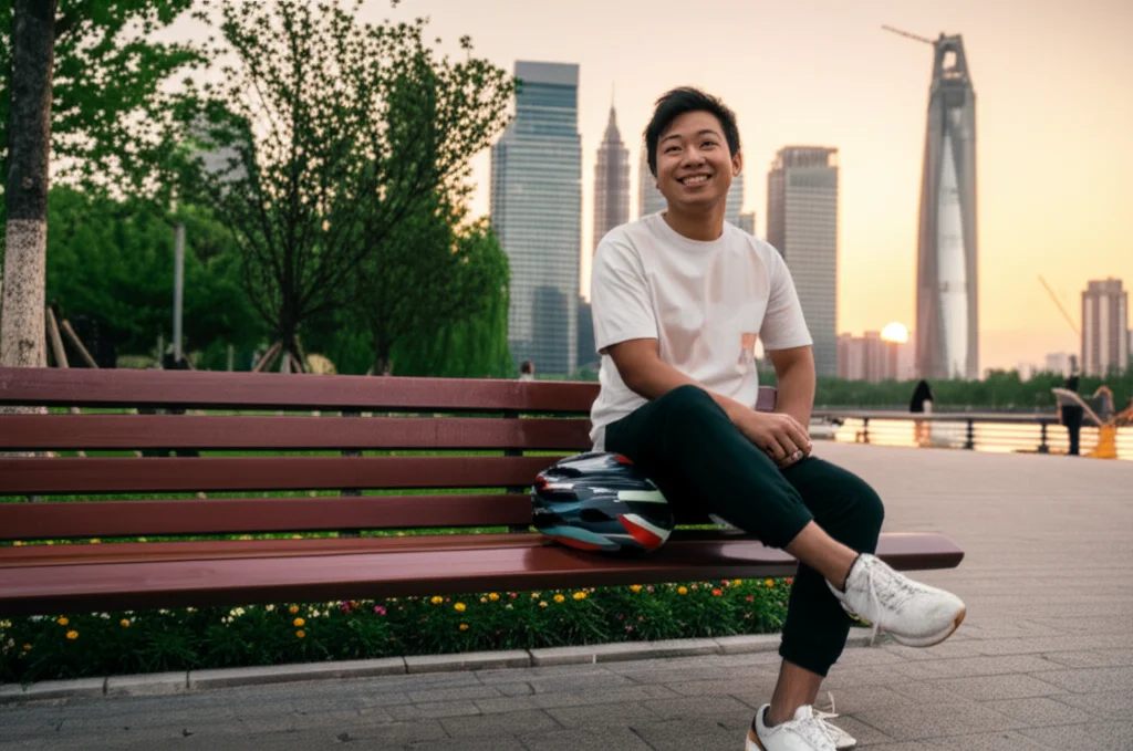 Un rider sorridente fa una breve pausa seduto su una panchina in un parco cittadino, sullo sfondo lo skyline moderno di una città cinese al tramonto. Fotografia ritratto, obiettivo 35mm, luce calda del tardo pomeriggio, colori vivaci ma naturali, espressione di ottimismo.