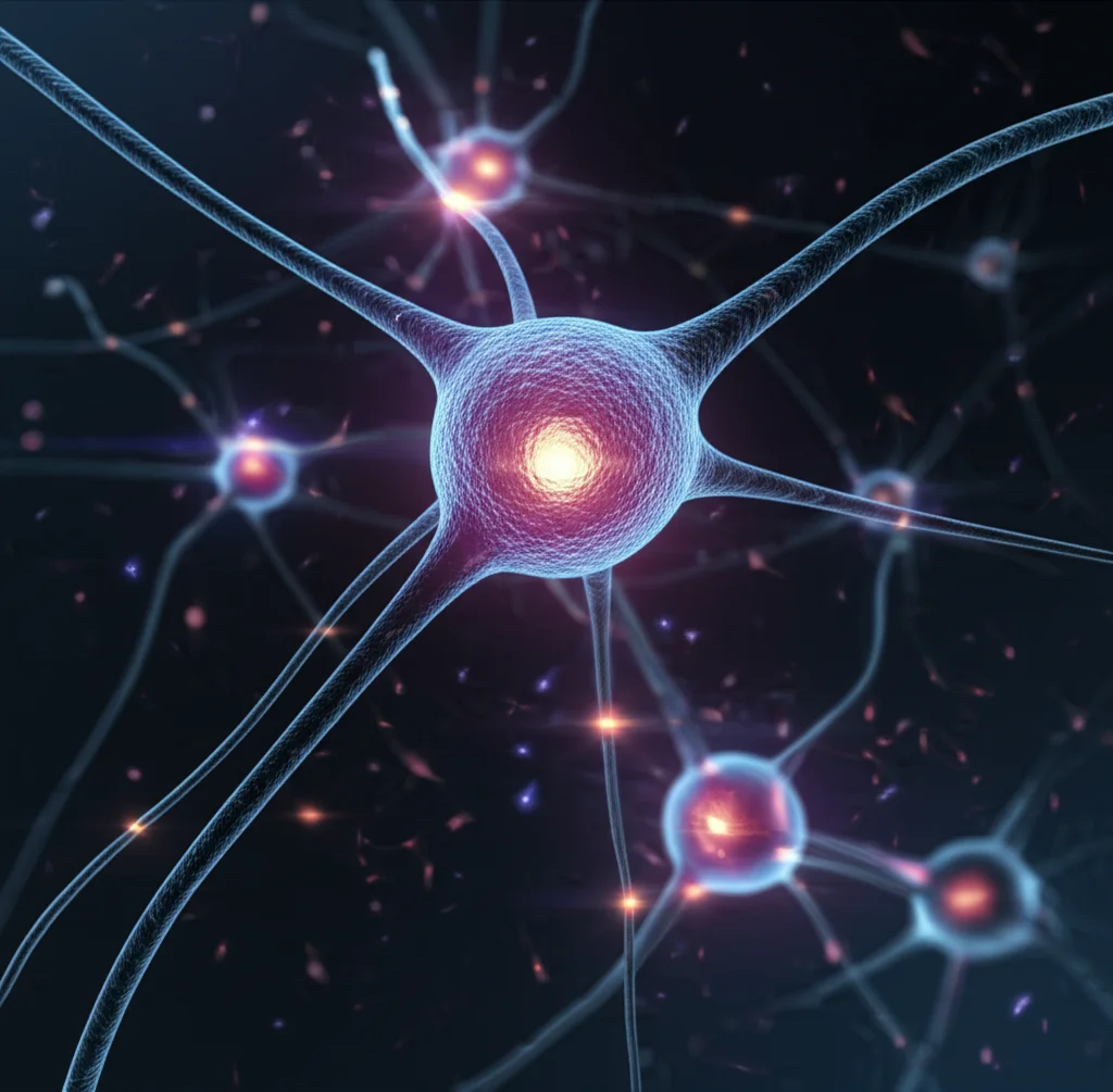 Immagine macro, 85mm lens, di neuroni interconnessi con sottili scintille elettriche che rappresentano l'attività cognitiva, alto dettaglio, illuminazione controllata, sfondo scuro per enfatizzare le connessioni neurali.