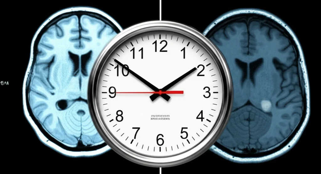 Immagine concettuale divisa: a sinistra, una scansione MRI stilizzata di un cervello infantile sano, luminosa e chiara; a destra, una scansione MRI con sottili anomalie della materia grigia indicative di displasia corticale focale, tono leggermente più scuro, con un orologio sovrapposto che indica un'età inferiore ai 6 anni. Obiettivo 35mm, profondità di campo, illuminazione soffusa.