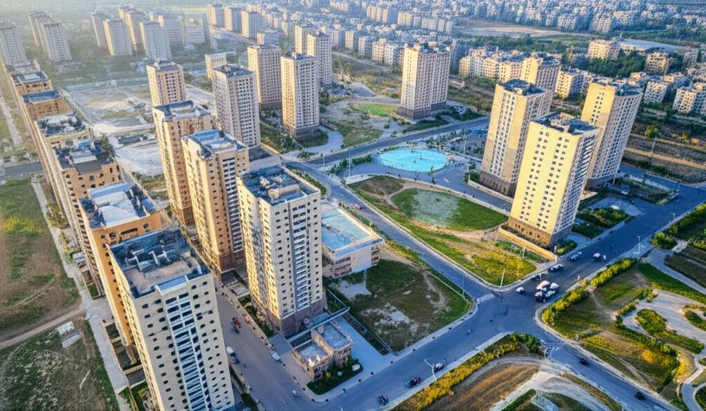 Foto aerea grandangolare (obiettivo 20mm) di un'area urbana in fase di sviluppo in Iran, che mostra diversi tipi di edifici residenziali (villette, condomini, complessi Mehr Housing) integrati con spazi verdi e servizi. Luce del mattino, messa a fuoco nitida su tutta la scena per evidenziare la pianificazione urbana integrata e le sfide della coesistenza.