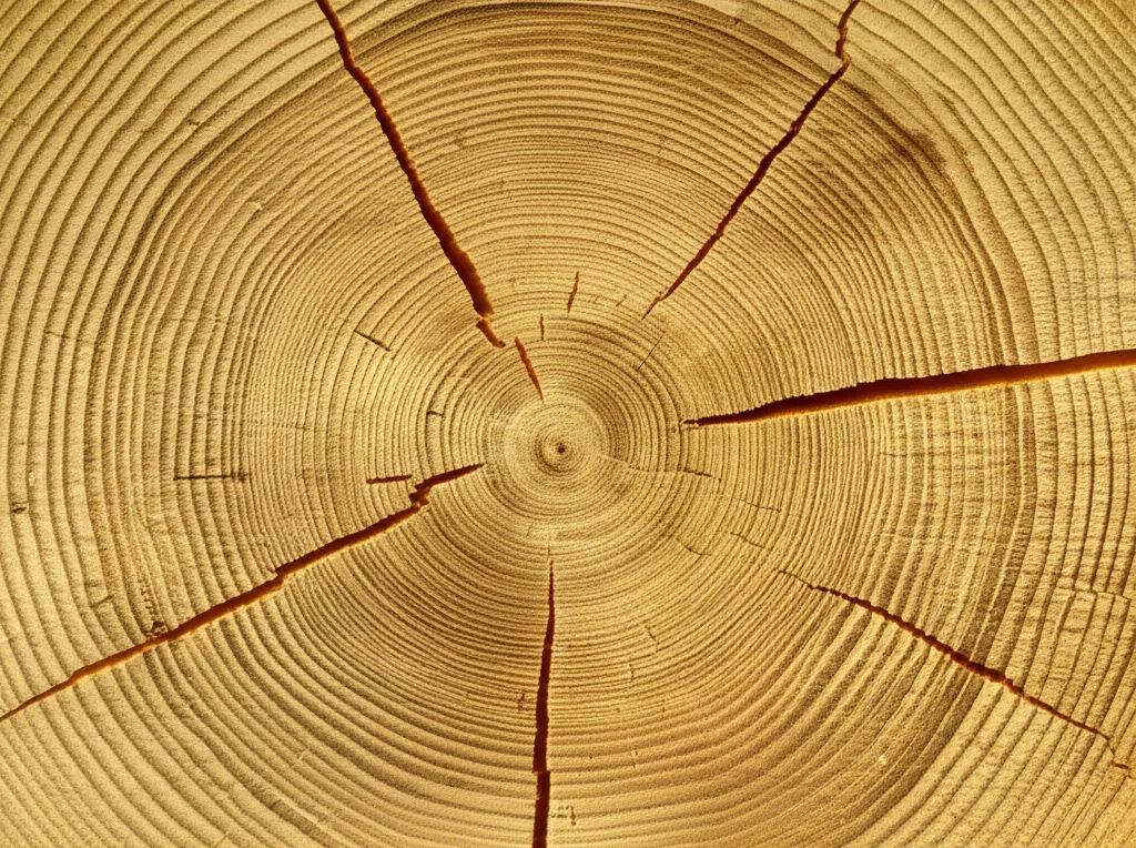 Fotografia macro di una sezione trasversale lucidata di un tronco di Farnia (Quercus robur), obiettivo macro 100mm, alta definizione che mostra chiaramente gli anelli di accrescimento annuali larghi e stretti, illuminazione radente per esaltare la texture del legno e le differenze tra legno primaverile ed estivo.