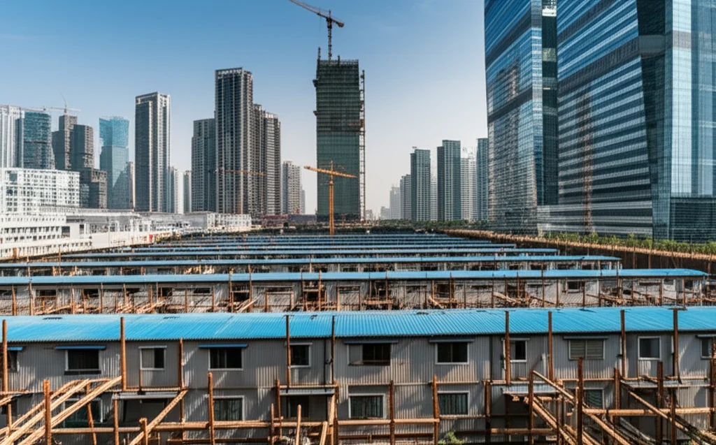 Immagine grandangolare di un cantiere edile in una metropoli cinese moderna, con gru e grattacieli sullo sfondo. In primo piano, alloggi temporanei per operai, semplici prefabbricati. Obiettivo grandangolare 18mm, luce del tardo pomeriggio, per evidenziare il contrasto tra lo sviluppo urbano e le condizioni di vita dei lavoratori. Sharp focus.