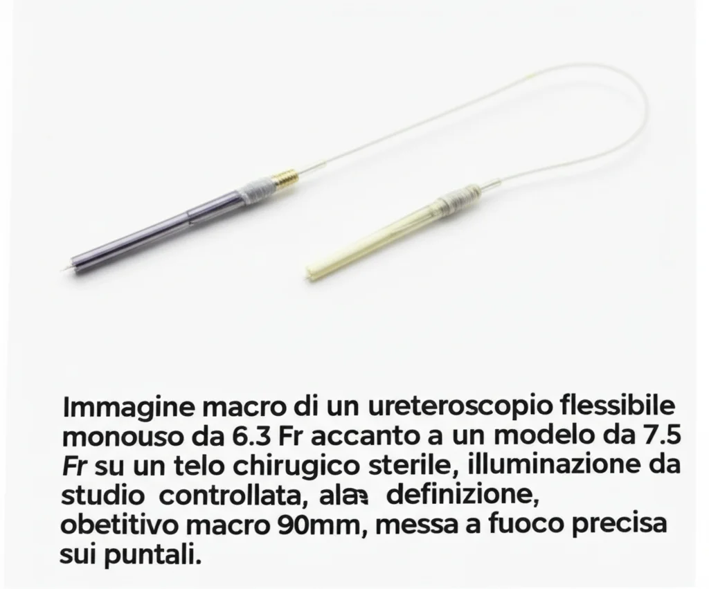 Immagine macro di un ureteroscopio flessibile monouso da 6.3 Fr accanto a un modello da 7.5 Fr su un telo chirurgico sterile, illuminazione da studio controllata, alta definizione, obiettivo macro 90mm, messa a fuoco precisa sui puntali.