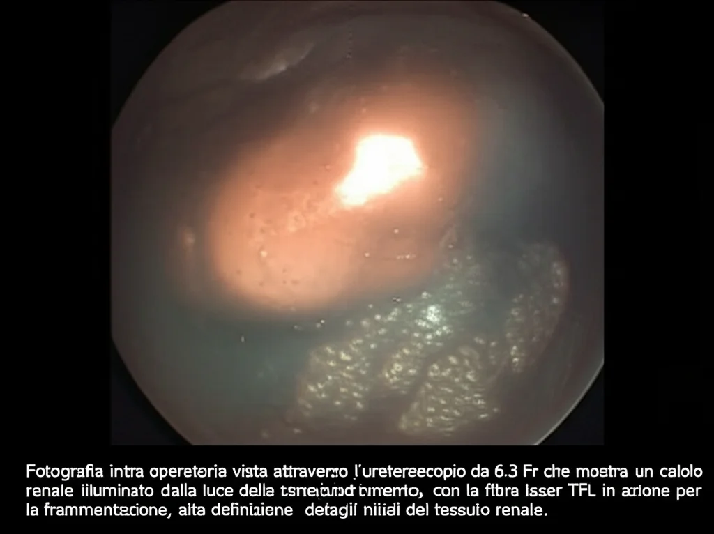 Fotografia intraoperatoria vista attraverso l'ureteroscopio da 6.3 Fr che mostra un calcolo renale illuminato dalla luce dello strumento, con la fibra laser TFL in azione per la frammentazione, alta definizione, dettagli nitidi del tessuto renale.